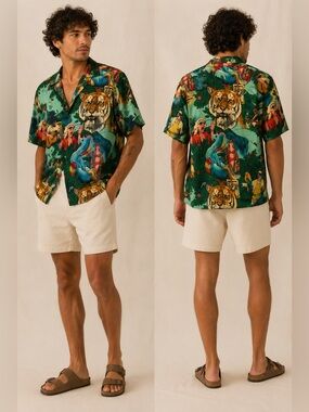 27 Sports Tropical Tiger Button-Up Shirt – Size Medium